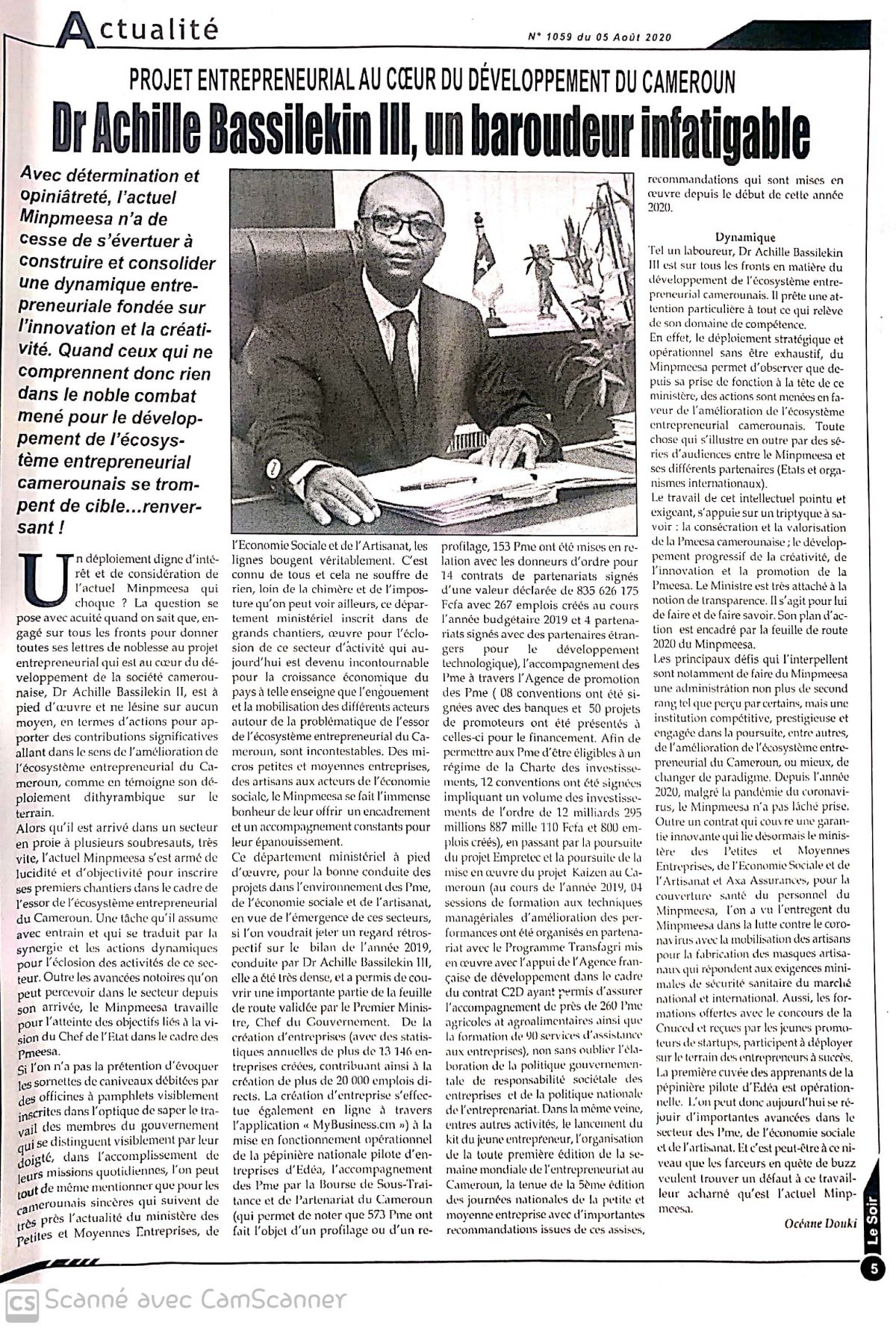 Le Ministère des PMEs Achille Bassilekin III à pied oeuvre