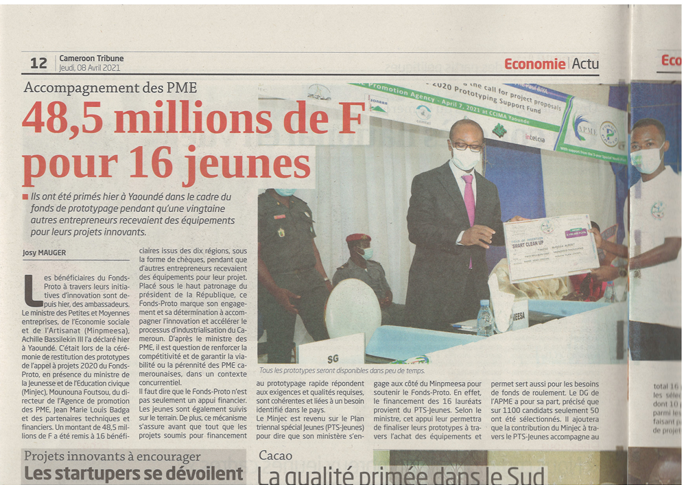 Ici cérémonie de restitution des prototypages de l’appel à projet 2020 du Fond Proto présidée par le Ministre Achille BASSILEKIN III.
